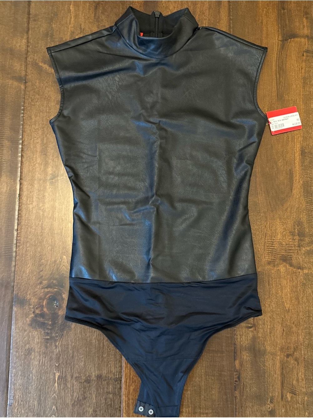 New Spanx faux, leather sleeveless  bodysuit, size-XS  mock neck, black